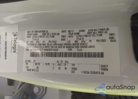 2017 Ford F-350 Xl z USA, uszkodzony, nr VIN 1FT8W3CT1HEE61022